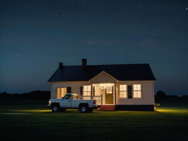 A lonely white house in a grassy garden and a truck in front of the house night sky Created by AI