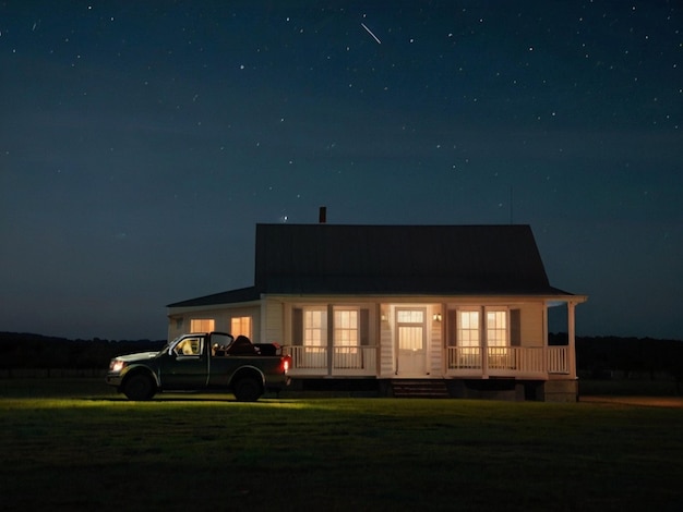 A lonely white house in a grassy garden and a truck in front of the house night sky Created by AI