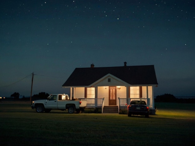 A lonely white house in a grassy garden and a truck in front of the house night sky Created by AI