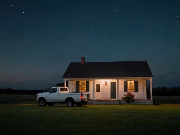 A lonely white house in a grassy garden and a truck in front of the house night sky Created by AI