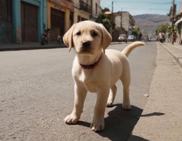 lonely white labrador puppy sitting on the sidewalk on a city street