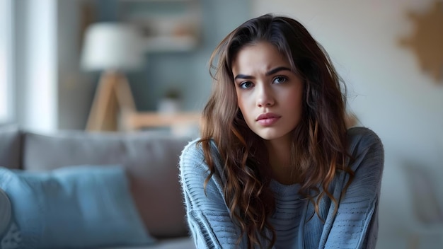 Lonely woman in living room contemplating relationships and personal issues feeling upset Concept Loneliness Contemplation Relationships Personal Issues Upset