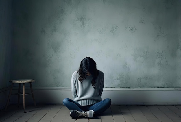 lonely woman sitting in a gray room in blue jeans in the style of aestheticized violence