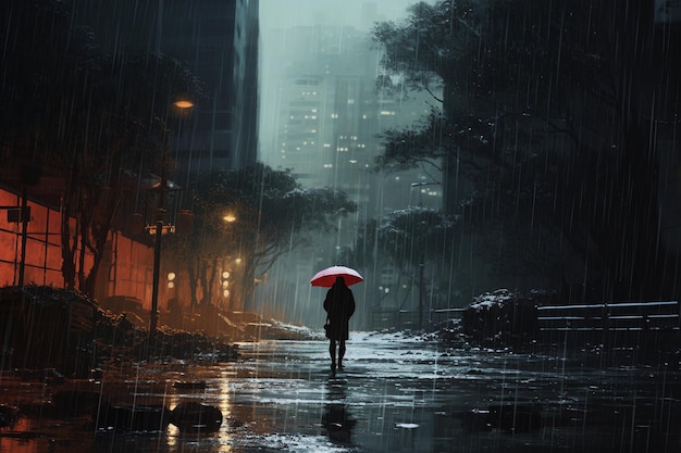 Lonely woman under an umbrella in the city It is raining