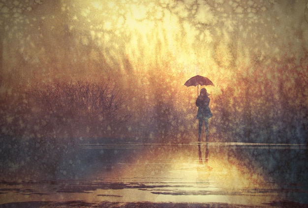 lonely woman with umbrella in lake,illustration