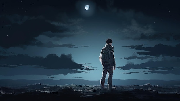 Lonely young man in dark digital art illustration Generative AI