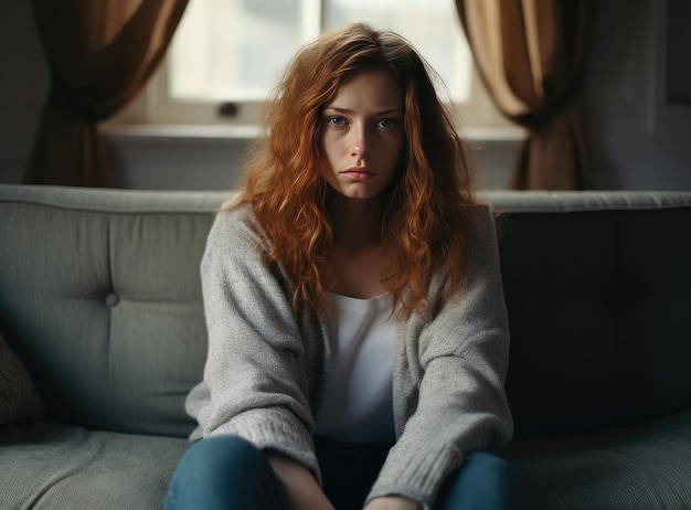 Lonely young woman sitting on couch in living room looking away touching chin thinking over problems