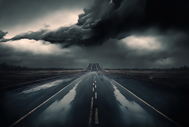 Long asphalt highway beneath a gray gloomy sky