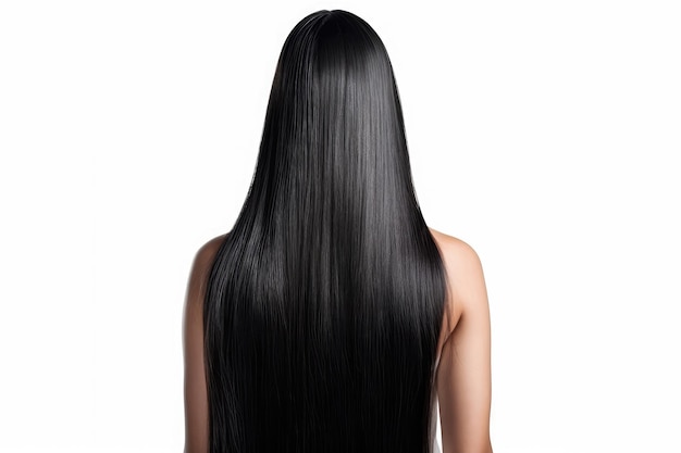 Long Black Straight Hair Rear View On White Background Generative AI