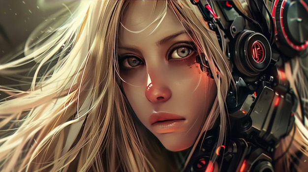 Long blonde hair cyborg anime girl character model future technology wallpaper AI generated image