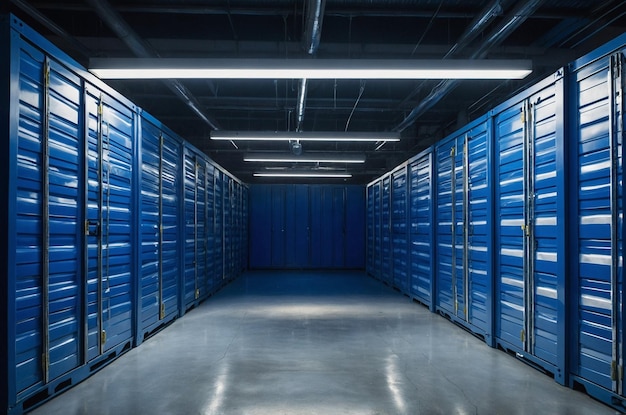 Photo a long blue and white storage room with a blue light on the ceiling