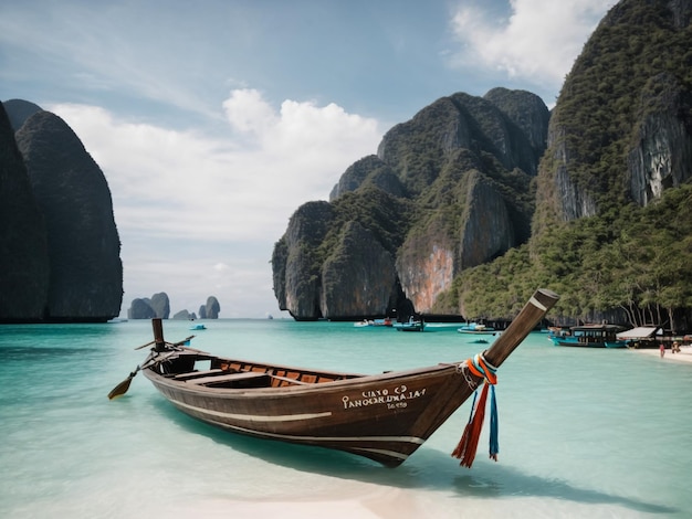 long boat and blue water at maya bay in phi phi island krabi thailand