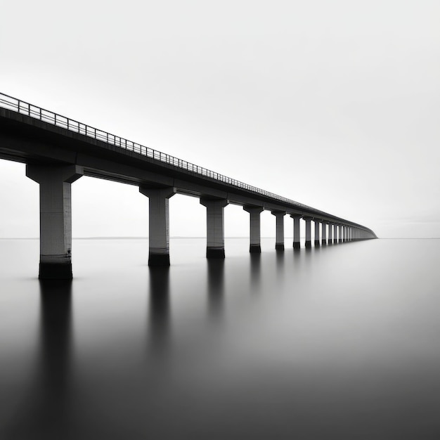 Photo long bridge extending over calm water with a grey sky in the background