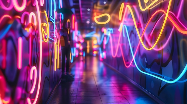 A long brightly lit hallway with graffiti on the walls and neon lights on the ceiling