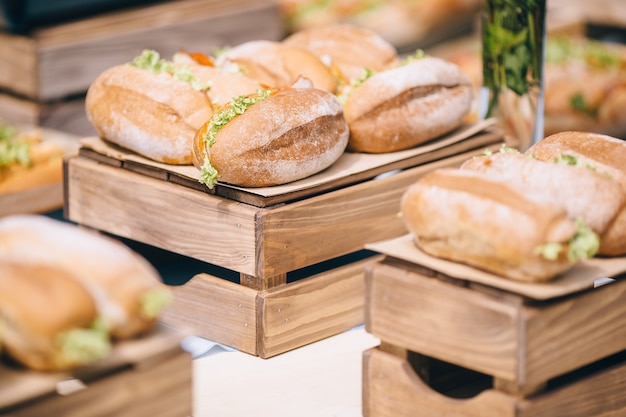 Long Ciabatta Sandwiches with lettuce, slices of fresh tomatoes, cucumber, ham, salami and cheese