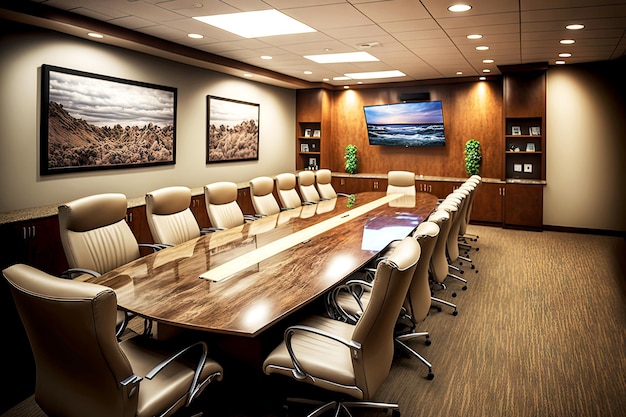 Long conference table with chairs in meeting room