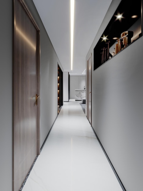 A long corridor in an apartment with gray walls and doors and a black niche with contemporary decor