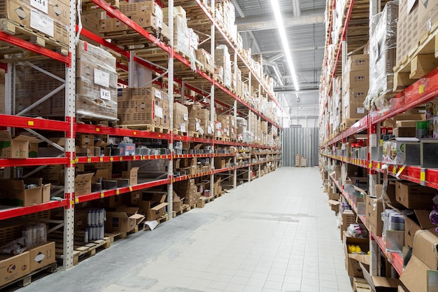 Long corridor between high racks at the logistics center