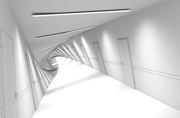 long corridor interior visualization 3D illustration