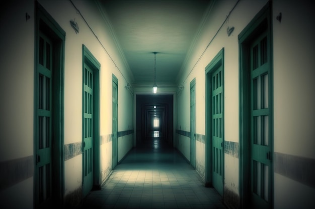 A long corridor in the old prison A gloomy interior with shabby walls A dilapidated abandoned building a dreadful hopeless backdrop AI generated