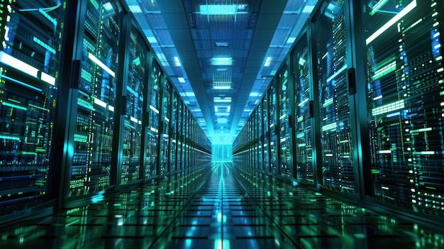 A Long Corridor of Server Racks in a Data Center