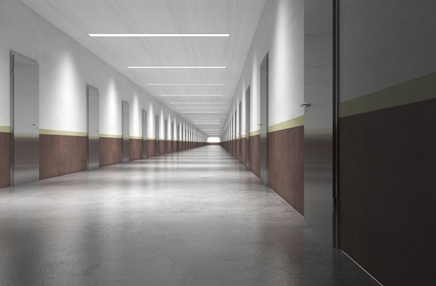 long corridor with doors interior visualization 3D illustration