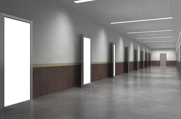 long corridor with doors interior visualization 3D illustration