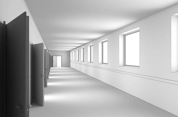 long corridor with doors interior visualization 3D illustration