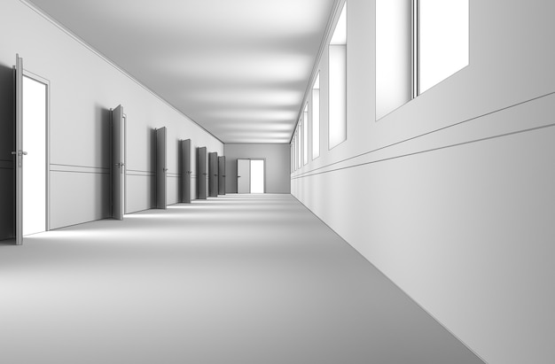 long corridor with doors interior visualization 3D illustration