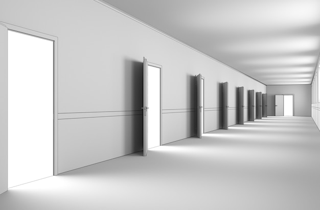 long corridor with doors interior visualization 3D illustration