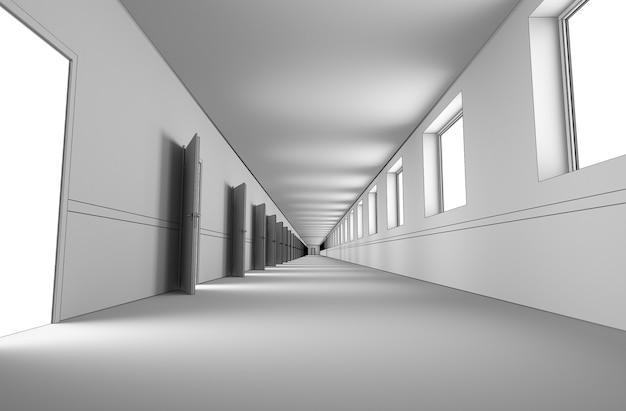 long corridor with doors interior visualization 3d illustration