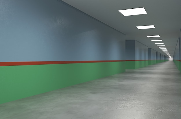 long corridor with doors interior visualization 3D illustration