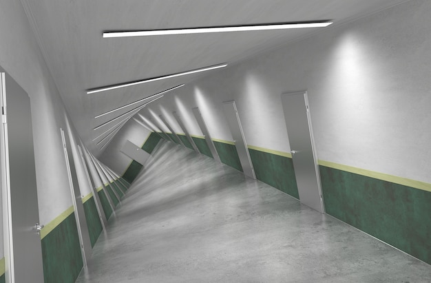 long corridor with doors interior visualization 3D illustration