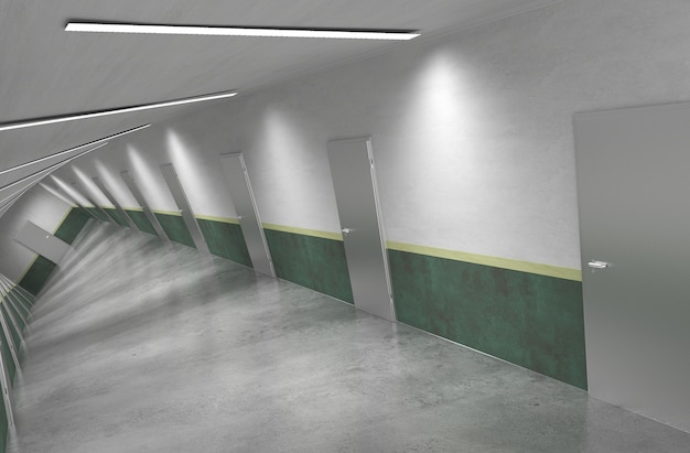 long corridor with doors interior visualization 3D illustration