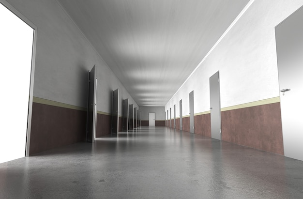 long corridor with doors interior visualization 3D illustration