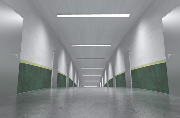 long corridor with doors interior visualization 3D illustration