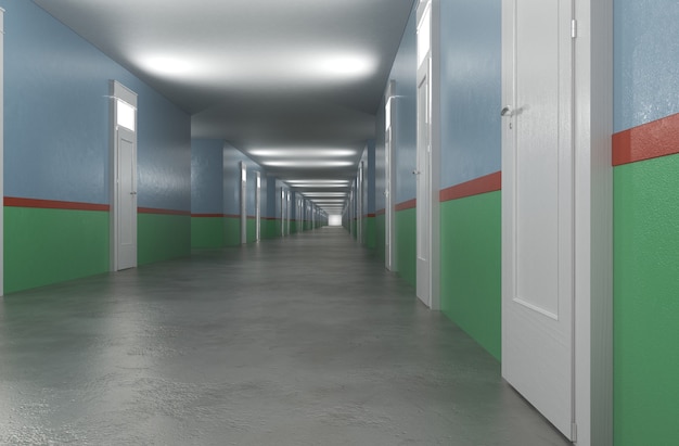 long corridor with doors interior visualization 3D illustration