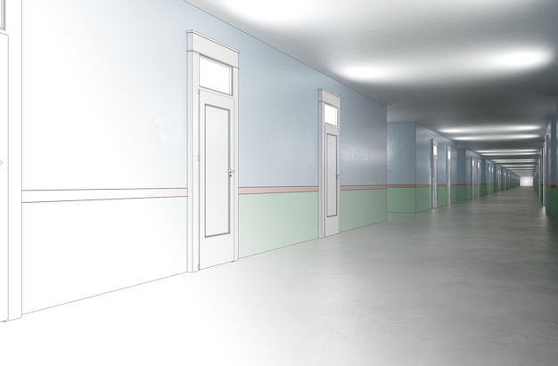 long corridor with doors interior visualization 3D illustration