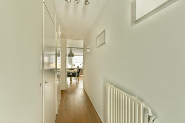 Long corridor with doors and lamp leading to the living room