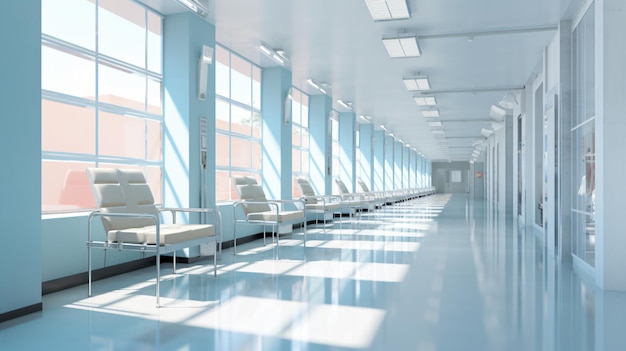 a long corridor with rows of chairs and a sign that says no exit