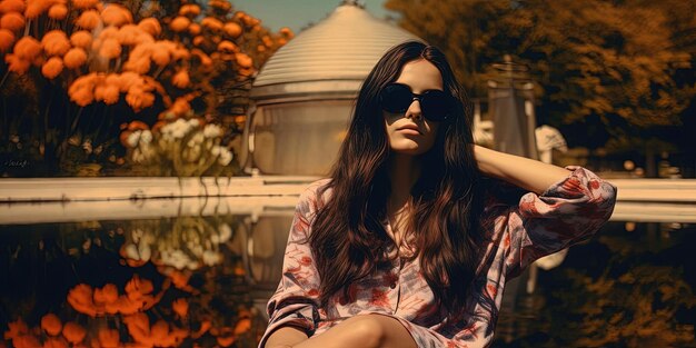 long dark haired woman in sunglasses sitting on a chair next to a pond in the style of amber