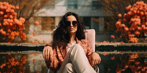 long dark haired woman in sunglasses sitting on a chair next to a pond in the style of amber