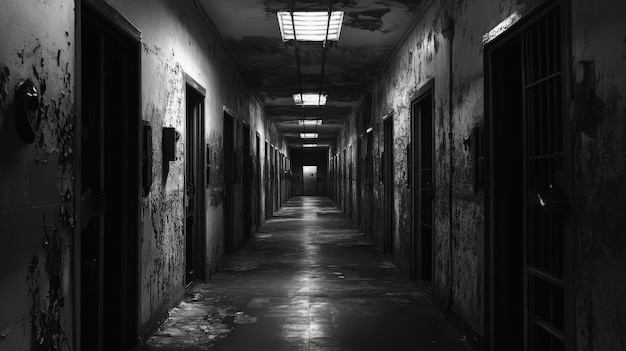 A long dark hallway with barred doors and peeling paint