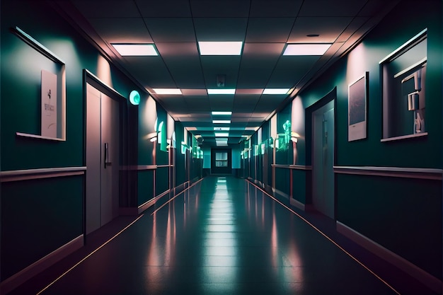 Long dark hospital corridor with rooms and seats 3D rendering Empty accident and emergency interior with bright lights lighting the hall from theGenerative ai