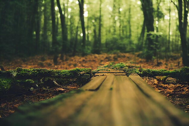 Long duckboards path in forest among lonely trees