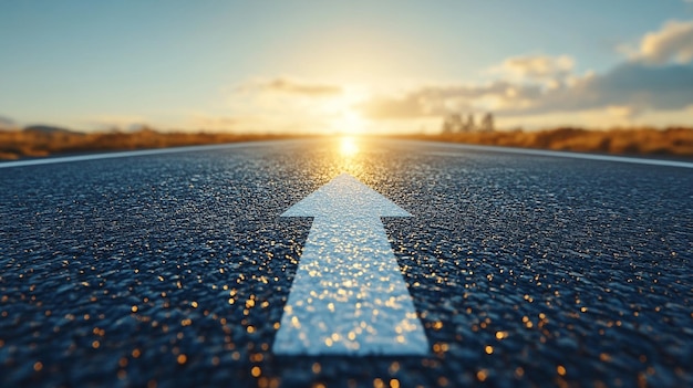 long empty asphalt road stretches into the distance with a prominent arrow sign pointing forward