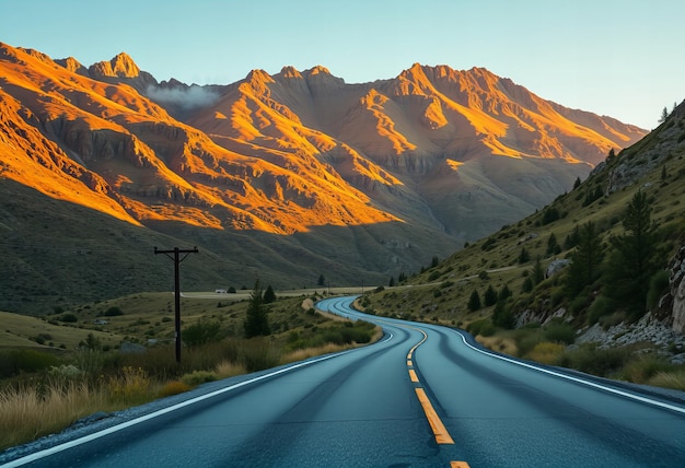 Photo a long empty highway with a mountain in the background