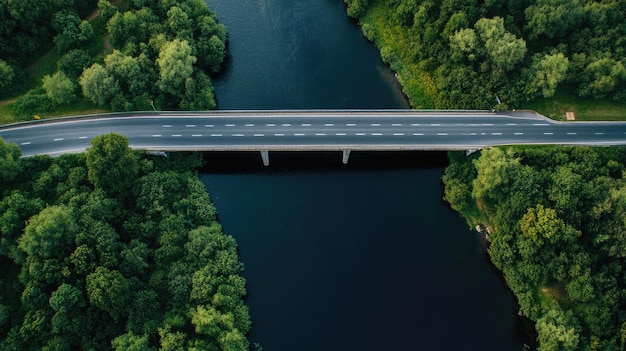 Long empty road crossing a bridge over a river aerial view with ample copy space available