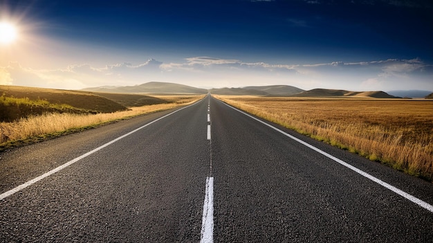 a long empty road with a blue sky and a lone tree on the horizon