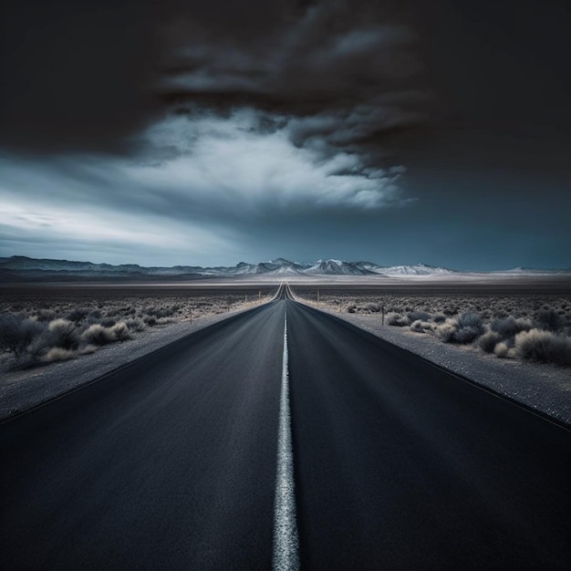 Long empty road with dark clouds